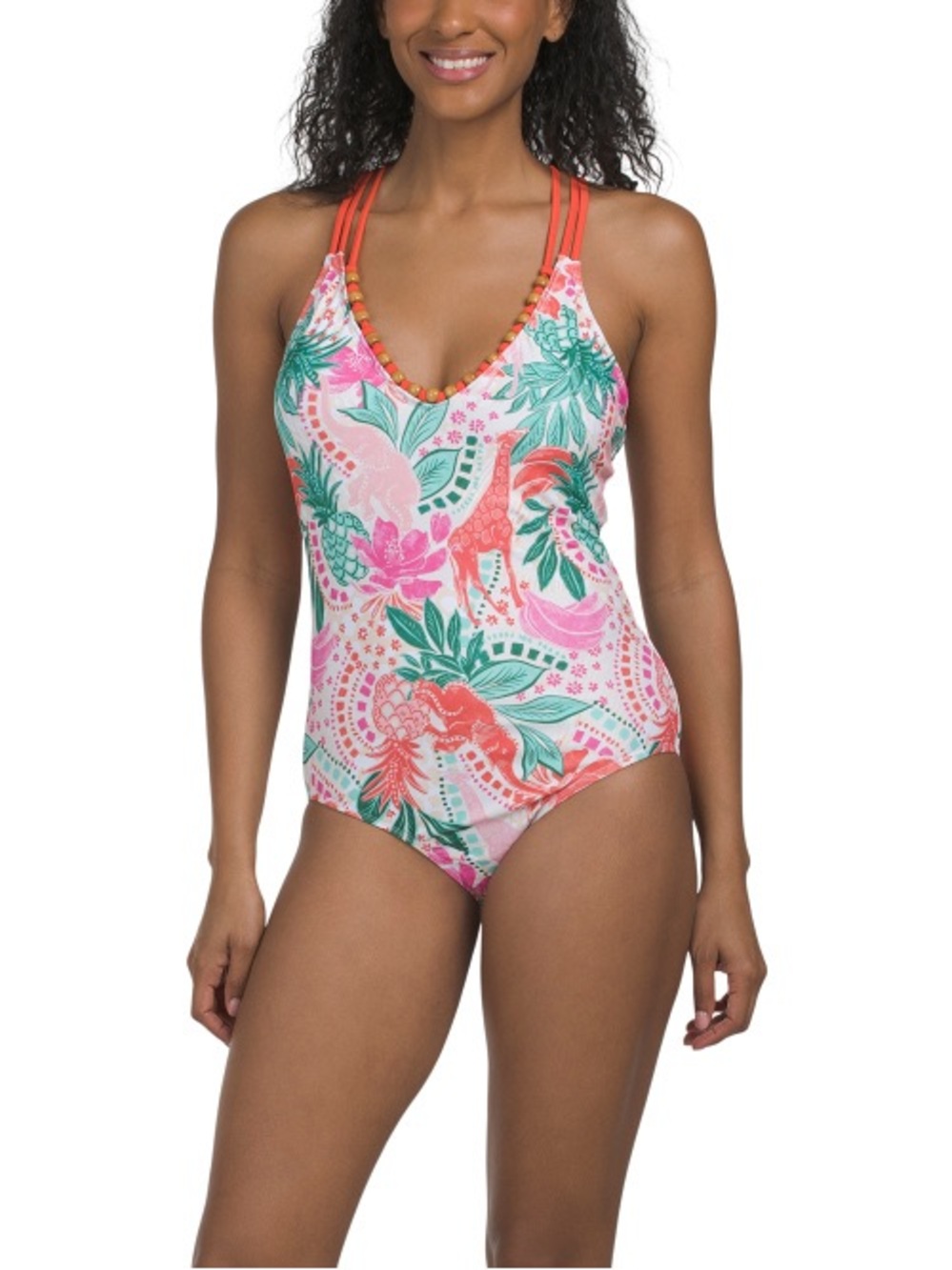 Caribbean Joe Pink Tropical One-Piece Swimsuit with Coral Straps